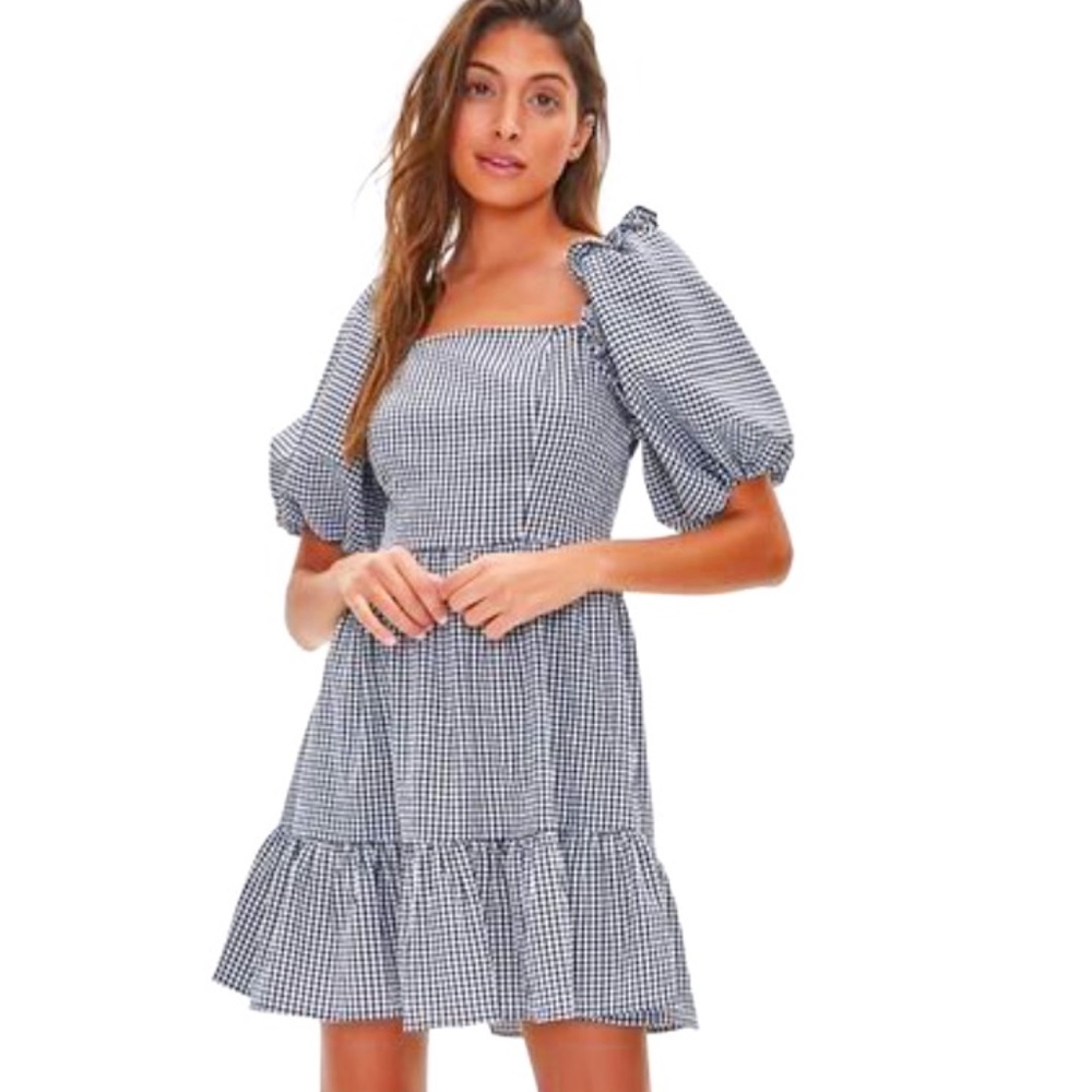 F21 Gingham Puff-Sleeve Dress - Size Medium NWT